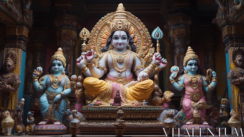 Hindu temple altar shows central deity sculpture with attendants
