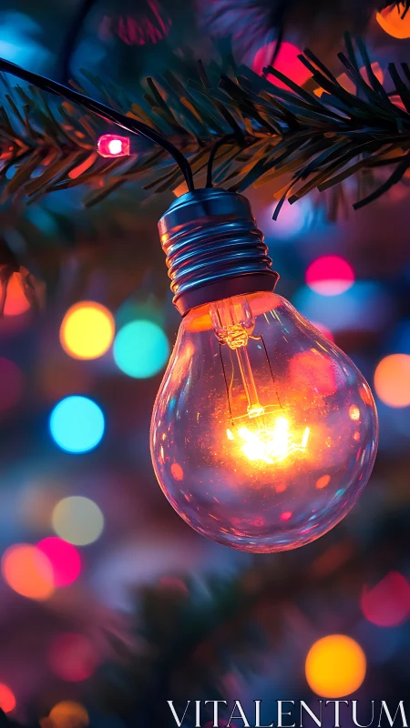 Gentle holiday bulb glows warmly among colorful lights