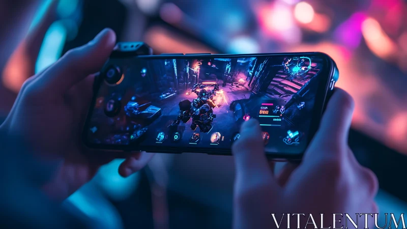 Mobile gamer holding smartphone with sci fi action game.