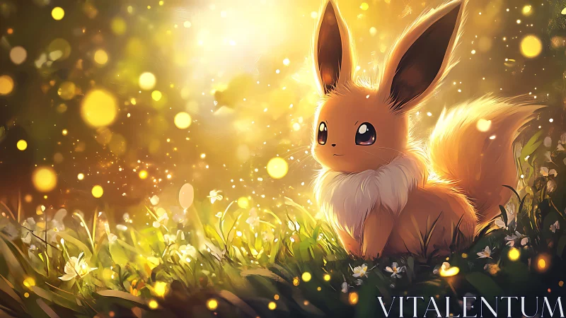 Eevee rendered in luminous meadow with warm light effects.