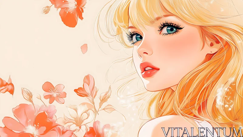 Blonde anime portrait with coral floral vector detailing.