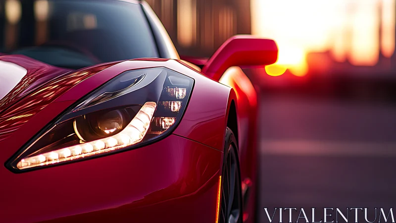 Red supercar headlight glows against vivid sunset backdrop.