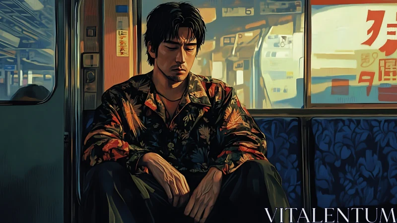 Man in patterned shirt seated alone on urban train carriage.