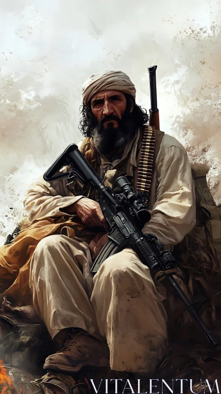 Militant desert fighter sits armed in gritty war portrait