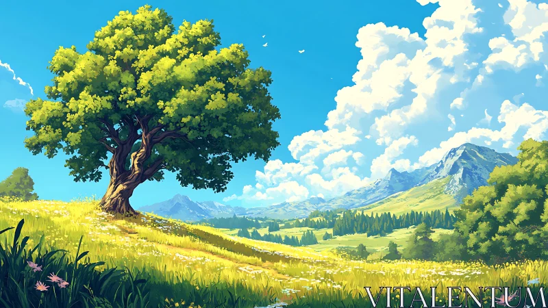 Sunlit tree welcomes you into a bright mountain meadow
