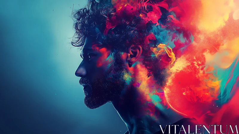 Profile portrait with colorful abstract particle effects.