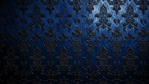 Midnight blue damask glow with shimmering ornate patterns.
