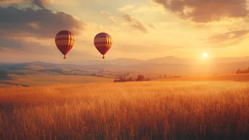 Digital painting of hot air balloons over golden plains at dusk.