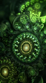 Radially symmetric green fractal spirals with luminous vortex cores