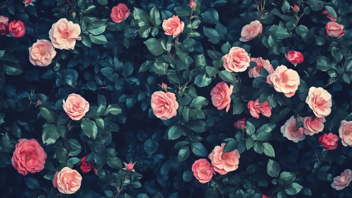 Dense garden roses in pink and cream blooming against moody backdrop.