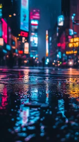 Neon-saturated rainy boulevard with shallow depth reflections.
