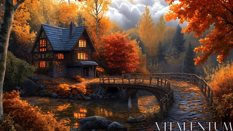 Autumnal riverside cottage with arched stone bridge illumination.