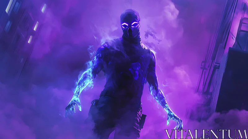 Cybernetic shadow strides through neon violet storm clouds