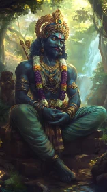Blue-skinned forest deity sits in meditative regal stillness