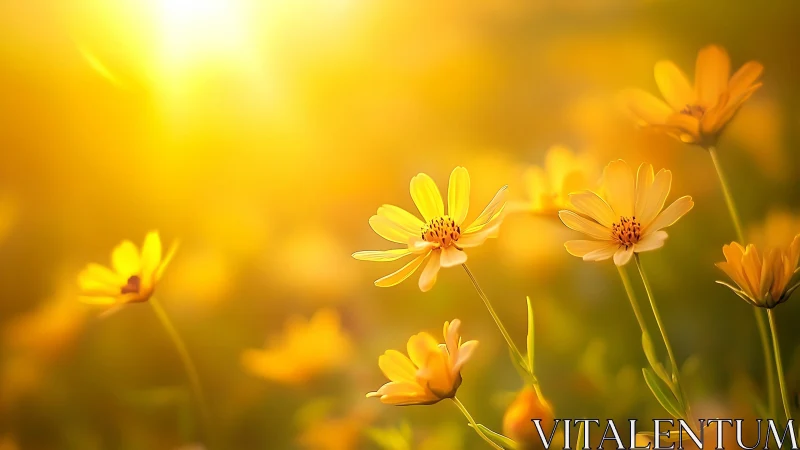 Golden wildflowers glowing in soft backlit sunrise field.