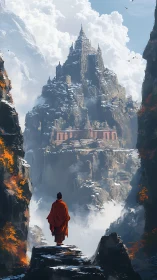 Solitary monk facing monumental citadel in snowy gorge.