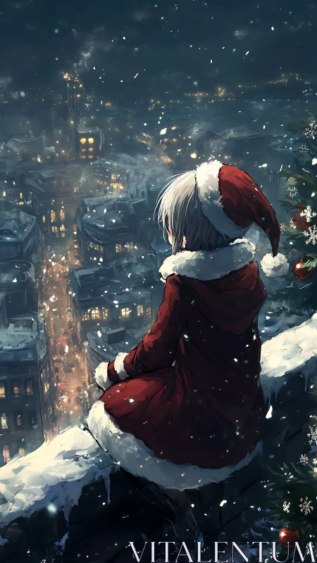 Figure in red coat on snowy rooftop above winter city.