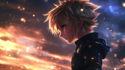 Profile view of spiky haired anime boy in high contrast bokeh lighting