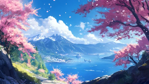Blossom-framed coastal mountains under bright spring skies.