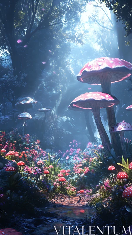 Enchanted forest glade with luminous towering mushrooms.