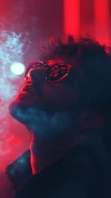 Neon lit dreamer gazing upward in a haze of soft color.