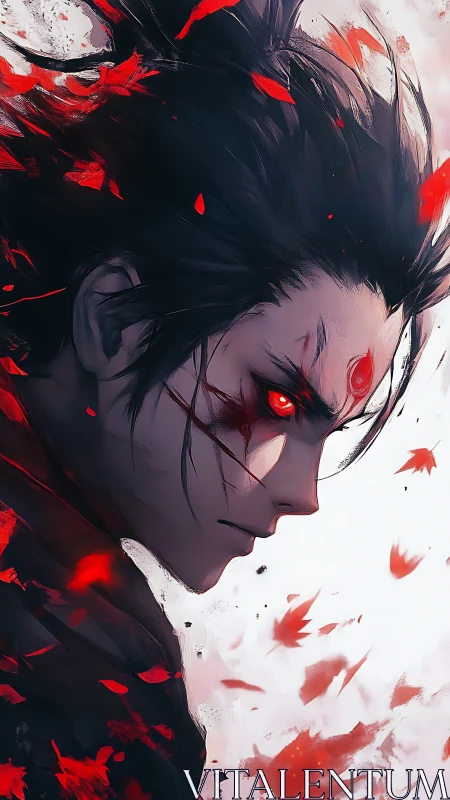 Vengeful anime warrior ignites crimson power amid falling embers