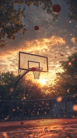 Outdoor basketball hoop glows under fiery sunset sky