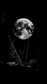 Monochrome lunar disc above sparse silhouetted branches.