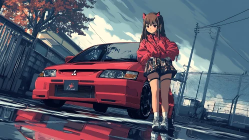 Girl stands beside red sports car on wet urban street