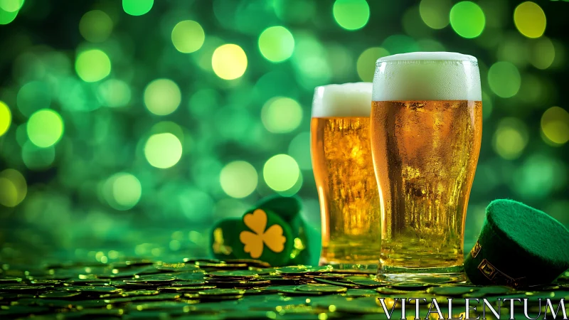 Three beer glasses with shamrocks and coins on green bokeh.