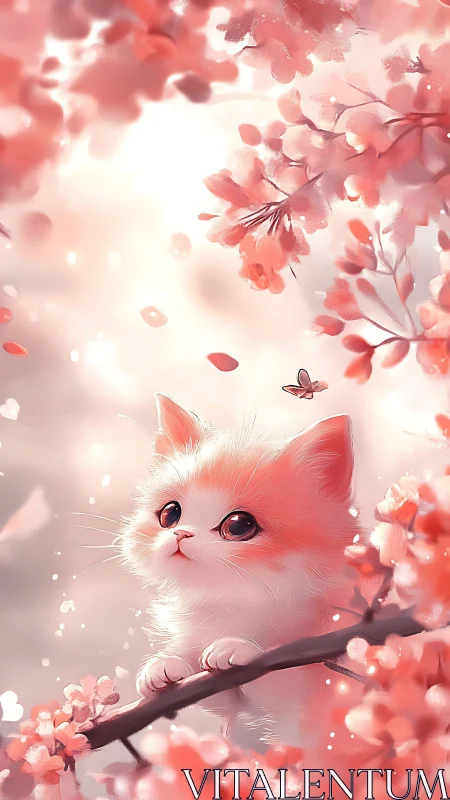 Cotton Bloom Guardian: Pink Kitten Among Cherry Petals.