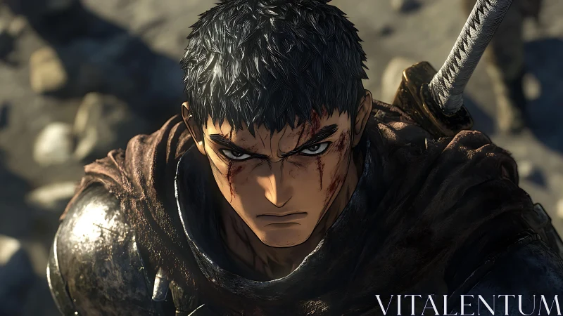 Battle-hardened anime swordsman with scars and armor.