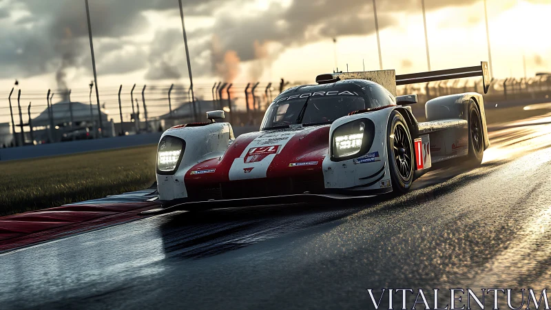 Endurance race car glowing on a wet sunset racetrack.