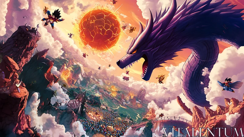 Purple dragon attacks sky warriors over fractured planet