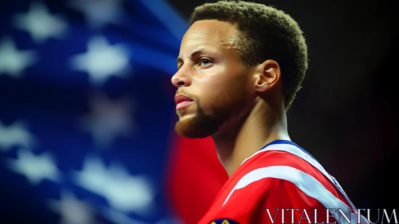 Basketball player portrait before blurred flag backdrop.