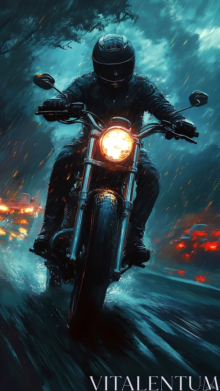 Motorcyclist races through stormy city street at night.