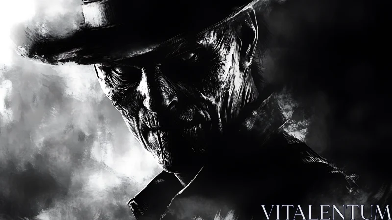 Monochrome portrait of weathered man in hat, side-lit profile.