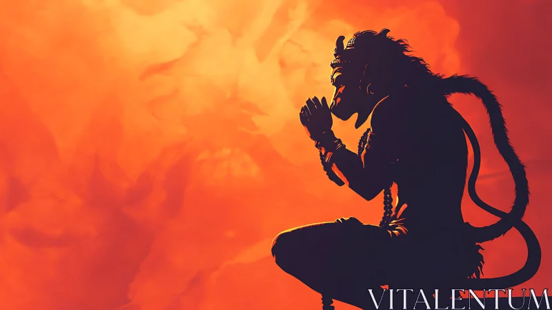 Silhouetted simian deity in meditative profile against chromatic flare.