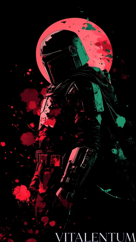 Armored bounty hunter silhouette under neon crimson moon