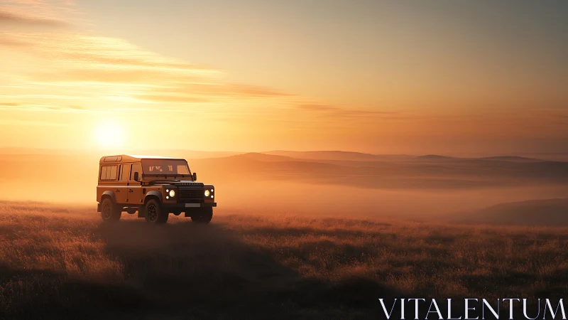 Off-road SUV crosses golden mist under strong sunrise glow.