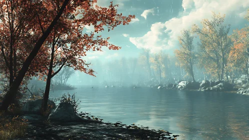 Rendered lakeside woodland depicts overcast, misty conditions