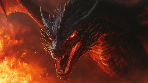 Fire-breathing dragon roars from molten shadows in battle rage