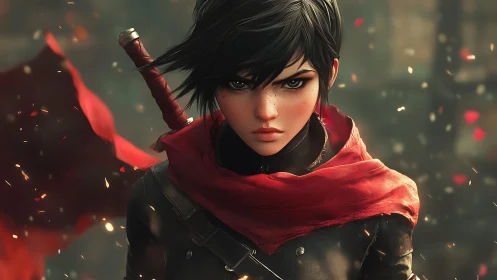 Scarred warrior girl glares through embers, crimson scarf