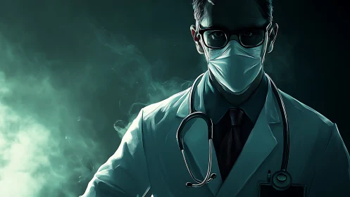 Midnight masked doctor emerges from neon hospital haze.