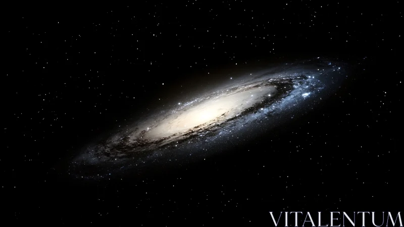 Oblique edge-on spiral galaxy rendering with dense starfield