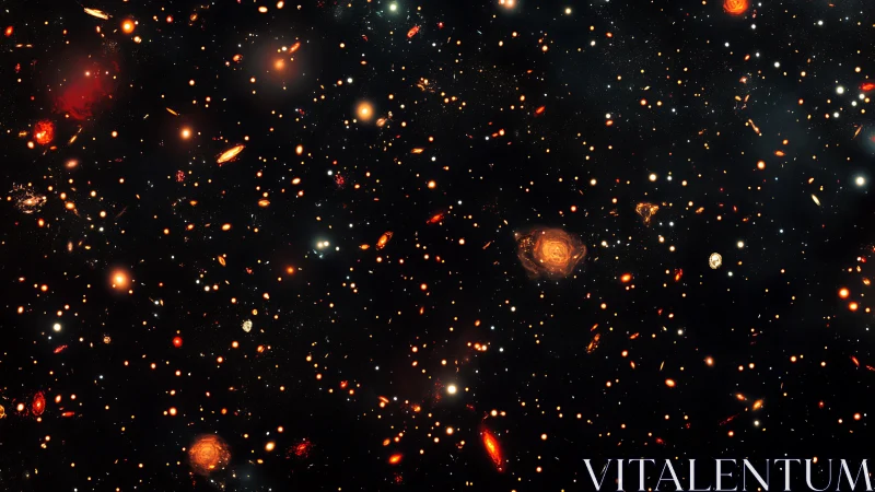 Star orchard of ember galaxies in a velvet-black cosmos.