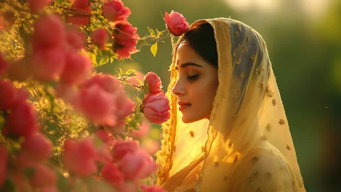 Serene Woman in Yellow Veil Among Pink Roses, Soft Golden Light.