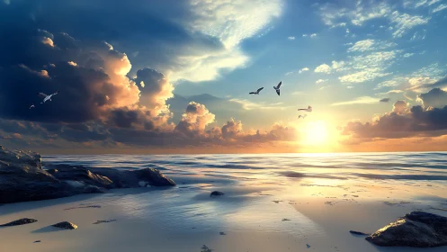 Golden sunrise washes a tranquil rocky shoreline in calm light