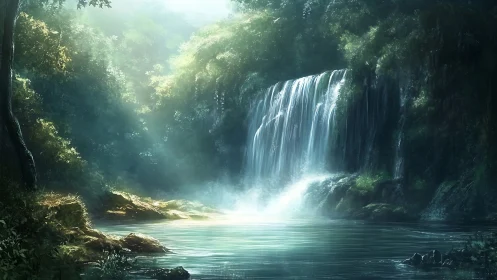 Hidden Waterfall in Luminous Forest Canyon.