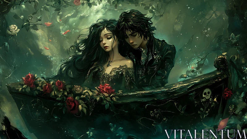 Gothic lovers embrace on ornate rose-covered boat at night